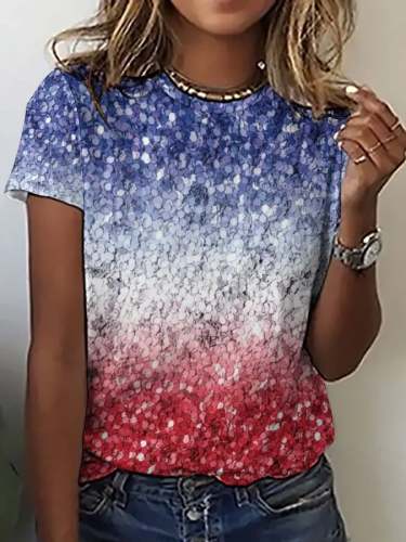 Women's Independence Day American Flag Print Crew Neck T-shirt