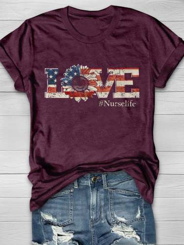 Love Nurse Like Flag Sun Flower Print Short Sleeve T-shirt