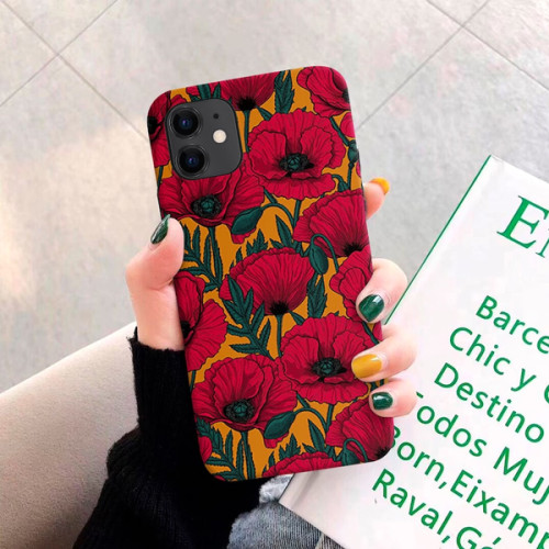 Red Poppy Green Leaf Flowers Art Phone Case