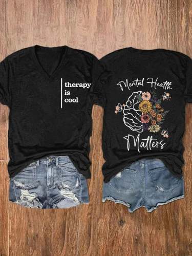 Women's Therapy Is Cool Mental Health Matter Print Casual T-Shirt