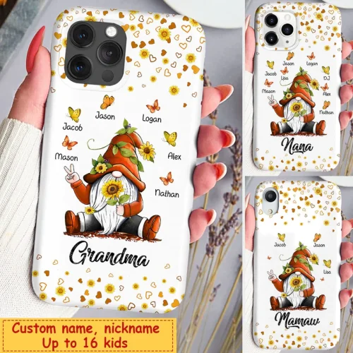Sunflower Orange Grandma- Mom Gnome Butterfly Grandkids Personalized Phone case Gifts For Nana Auntie Mommy.