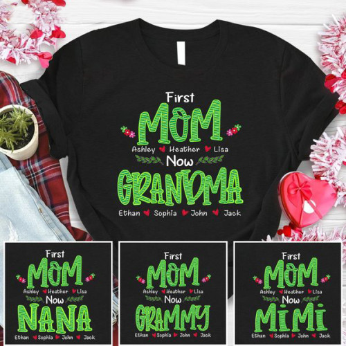 First Mom Now Grandma And Kids Flower Design T-Shirt