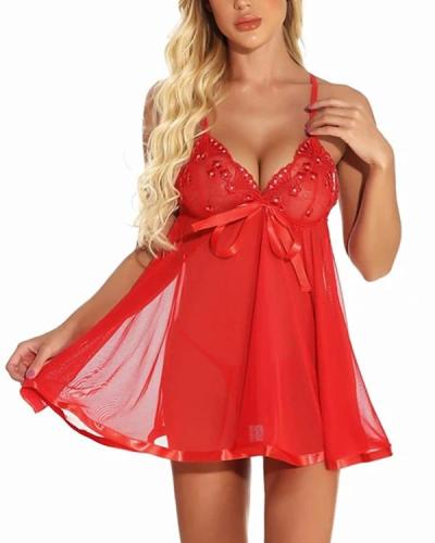 Women's Lace Backless Bow Suits Nightwear Solid Colored