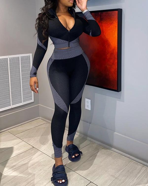 Striped Stitching Long Sleeve Sports Suit