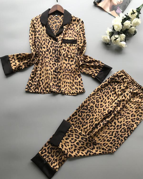 US$ 49.99 - Leopard Print Sexy Long Sleeve Ice Silk Pajama Set - www.pkcoco.com
