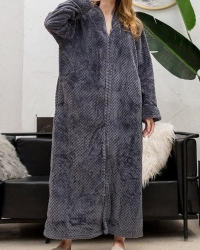 Women Front Zipper Flannels Loose Thick Sleepwear Casual Pajamas Robes