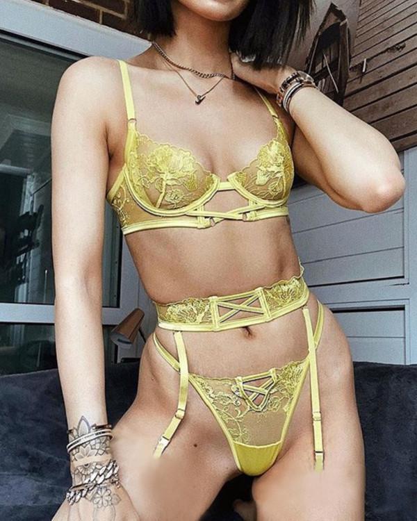 Sexy Yellow Lace Detail Bralette & Panties Set
