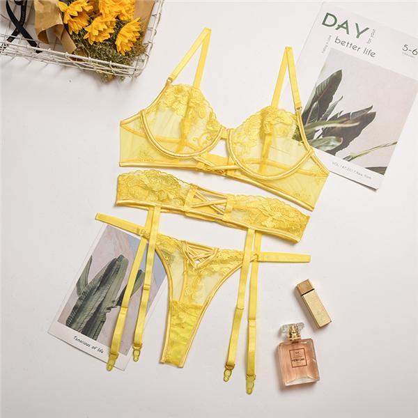 Sexy Yellow Lace Detail Bralette & Panties Set