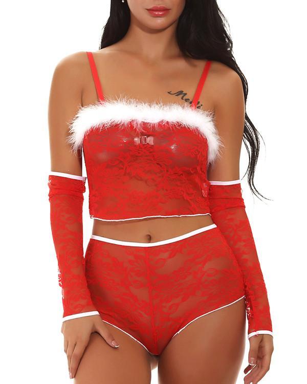 Daring Red Three Pieces Christmas Cami Bandeau Lace Lingerie
