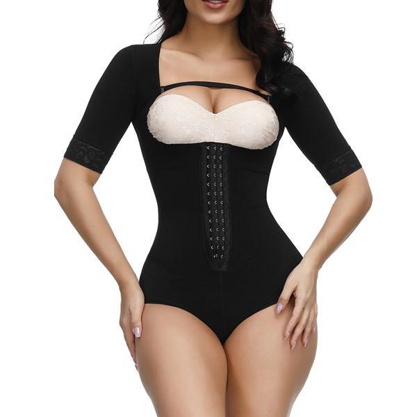 Fashion Black Straps Full Body Shapewear Hooks Half Sleeve Bodysuit