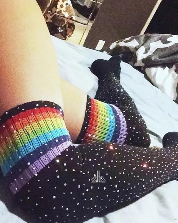 Glittering Rainbow Rhinestone Striped Over Knee-Socks