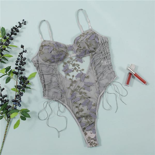 Butterfly Embroidered Lingerie Bodysuit Tie Up Lingerie