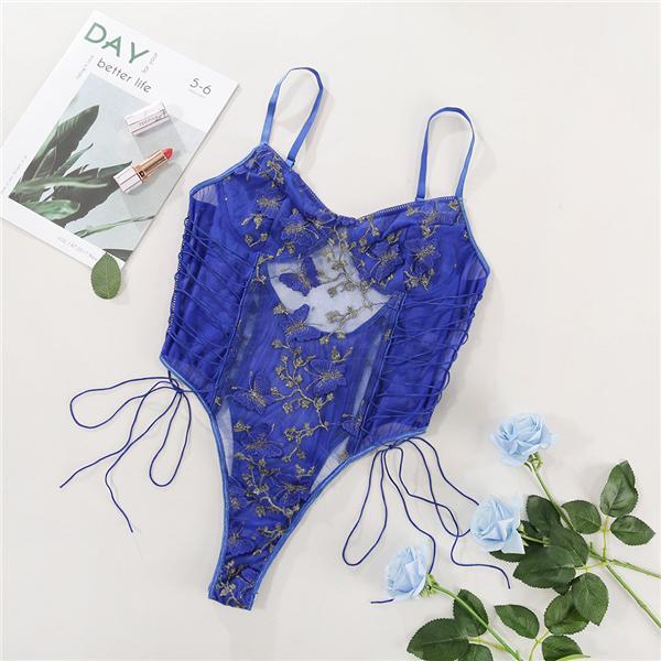Butterfly Embroidered Lingerie Bodysuit Tie Up Lingerie