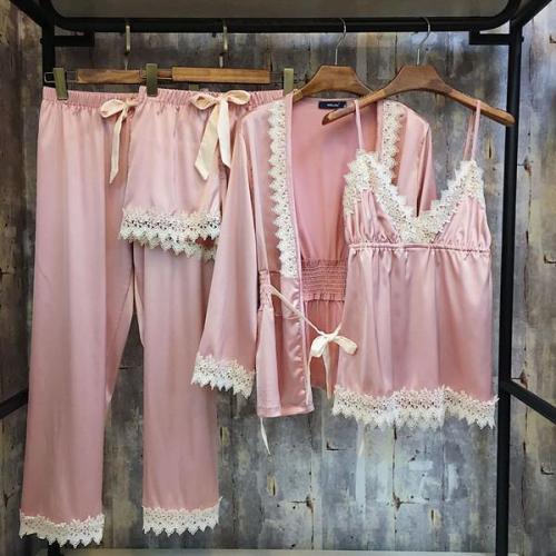 4 Pieces Set Silk Satin Lace Elegant Silk Pajama