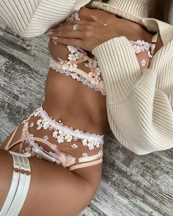 Pink Flower Embroidered Lace Lingerie Set