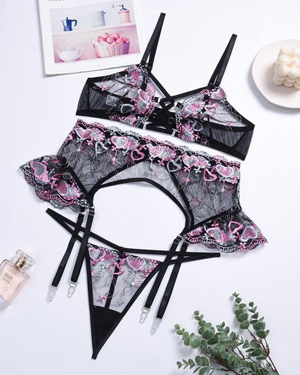 Embroidered Lace Up Lingerie Set