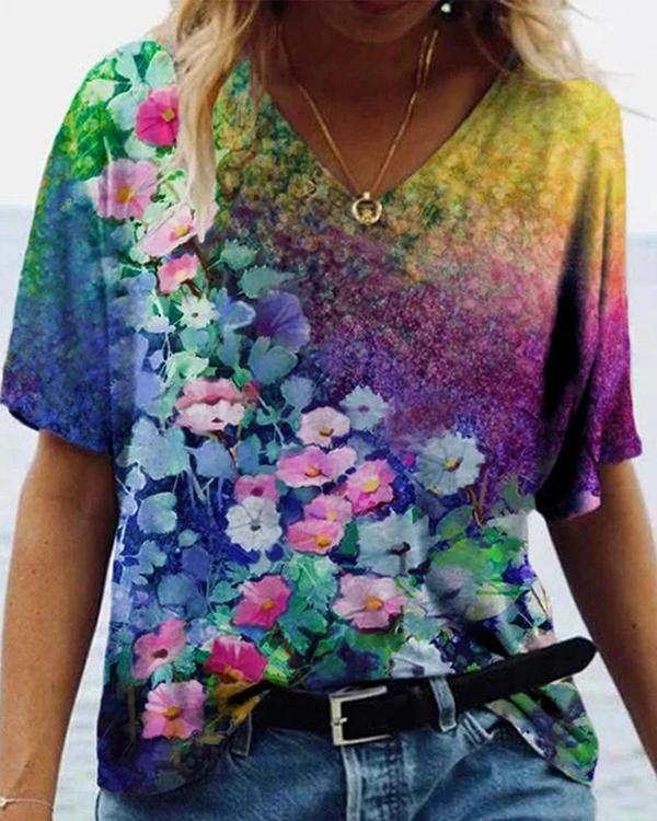 Graffiti Flower Print Short Sleeve T-shirt