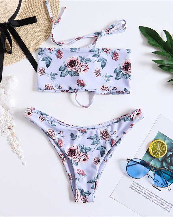 Cute Women Pure Color / Flower Printed Lace-Up Bikini Swimsuits