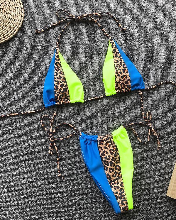 Leopard Stitching Bandage Sexy Swimsuit Bikini