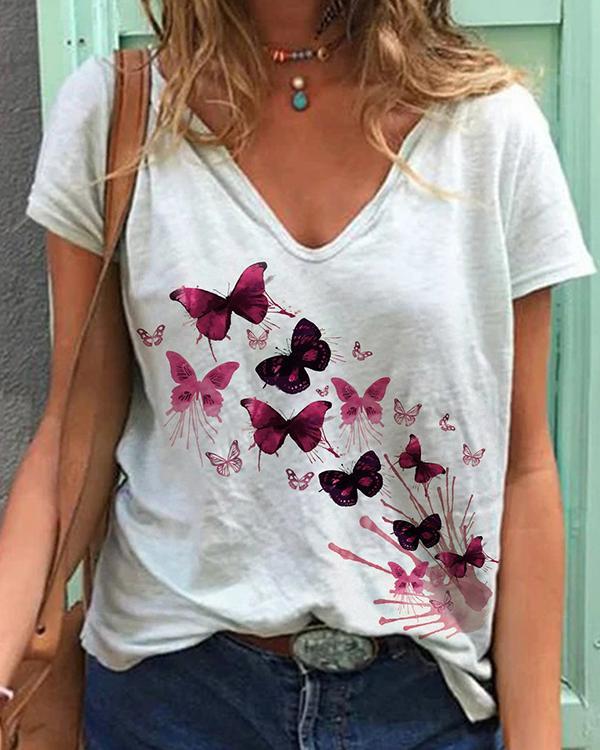 Women Summer Butterfly Printed V Neck Short Sleeve T-Shirt
