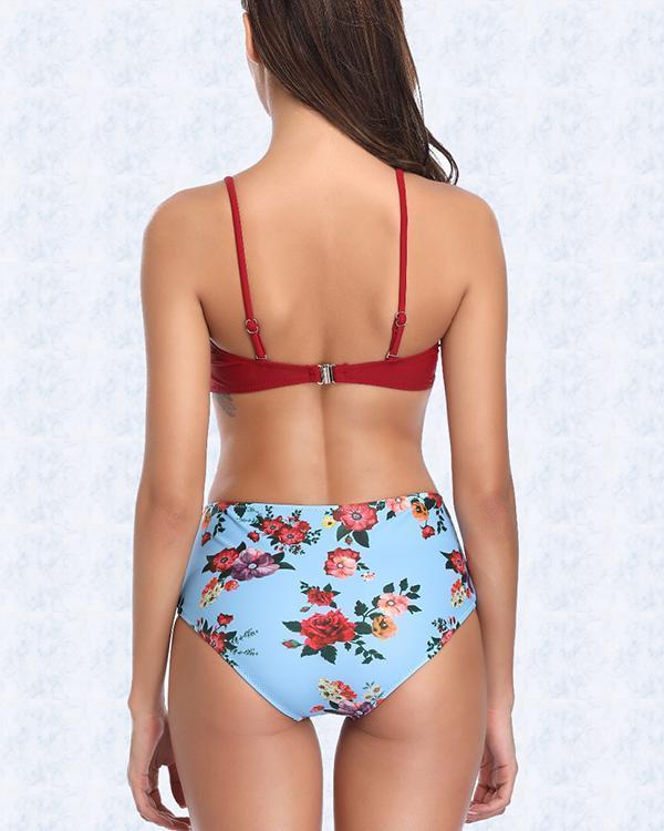 Solid Color Printed Split Bikini