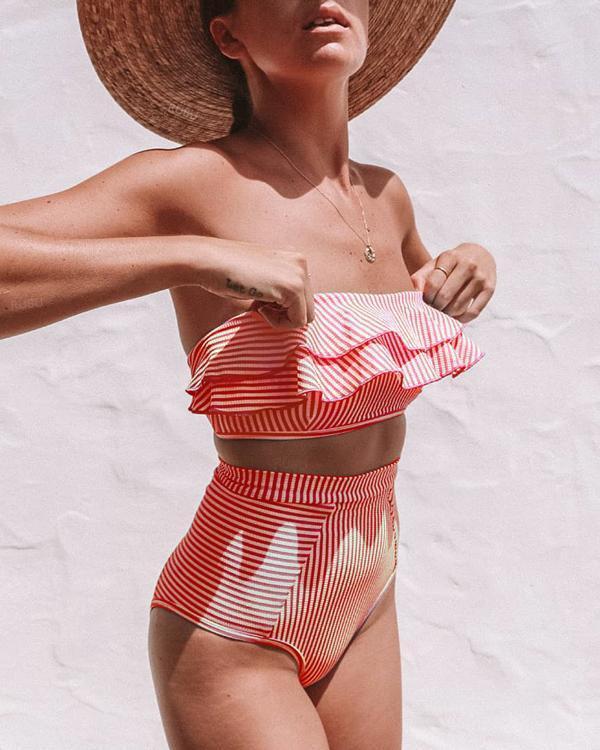 Cute Women Stripe Flounce Ruffled High-Waisted Bikini Swimsuits