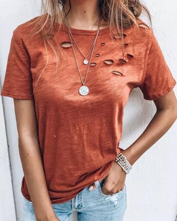 Fashion Pure Color Daily Short Sleeve Hole T-shirt