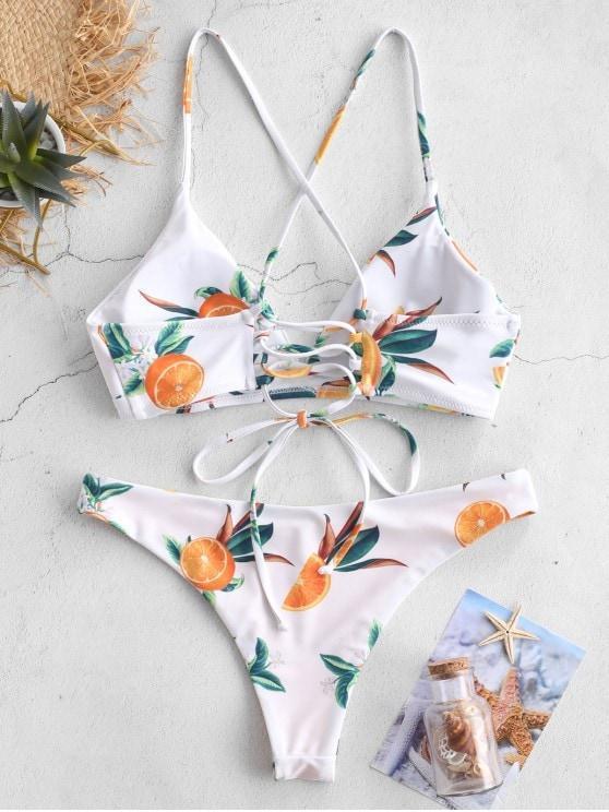 Orange Print Criss Cross Bikini Set