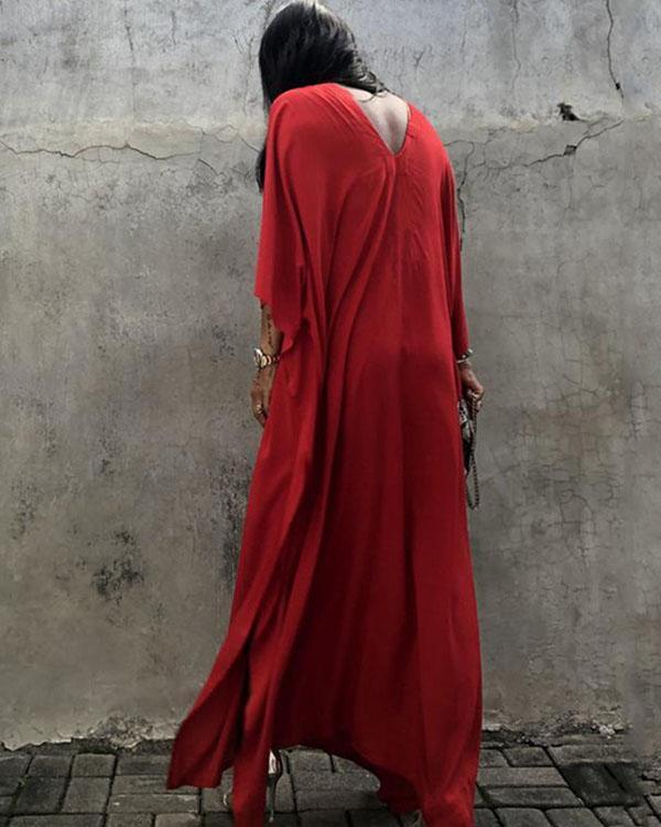 Red 3/4 Sleeve V Neck Plain Color Cover-up Dresses