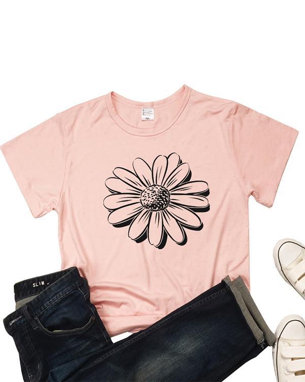 Women Sunflower Print Casual T-shirts
