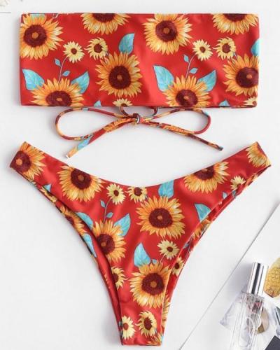 Sexy Gathered Sunflower Print Bikini