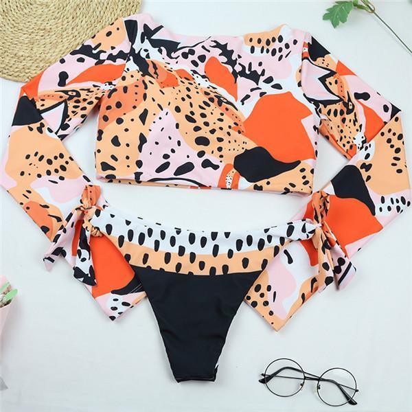 Leopard Printed Long Sleeve Bikini Swimsuit