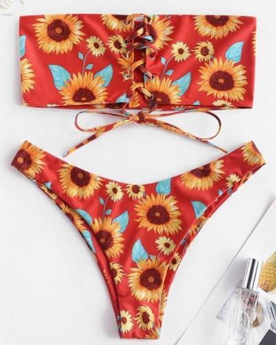Sexy Gathered Sunflower Print Bikini