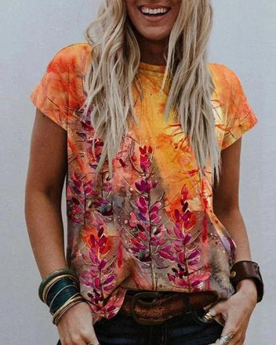 Floral Printed Crew Neck Short Sleeve Shift Shirts & Tops