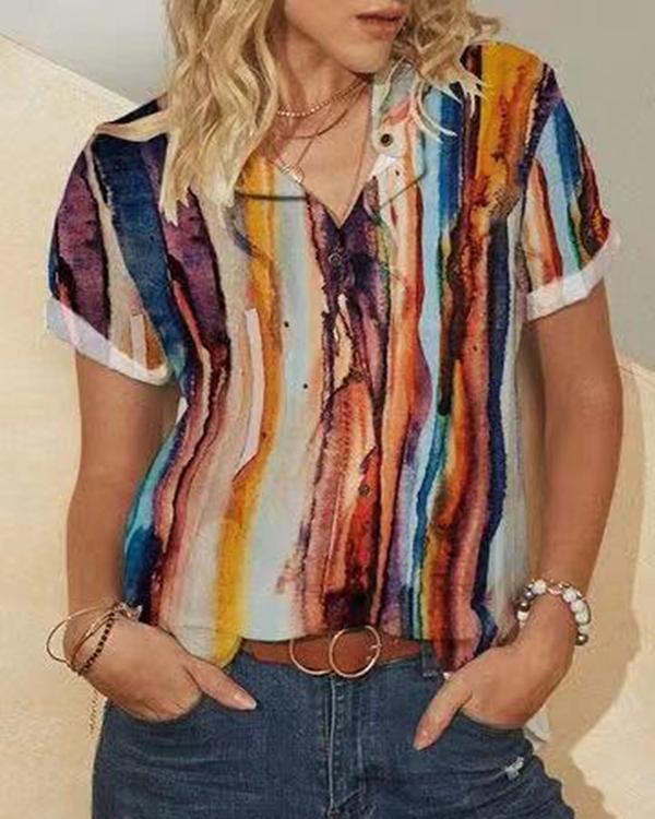Women's Print Short Sleeve Button Stand Collar Casual Blouse