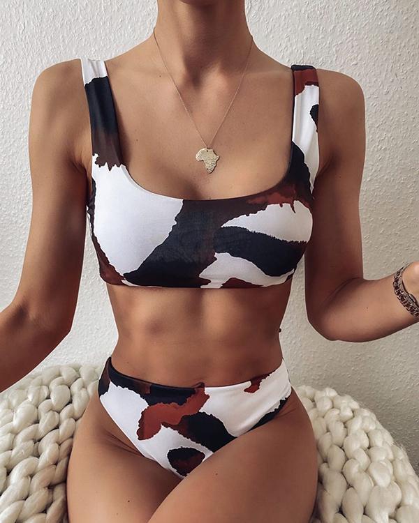 Cow Print Scoop Neck High Waist Bikini Swimsuit