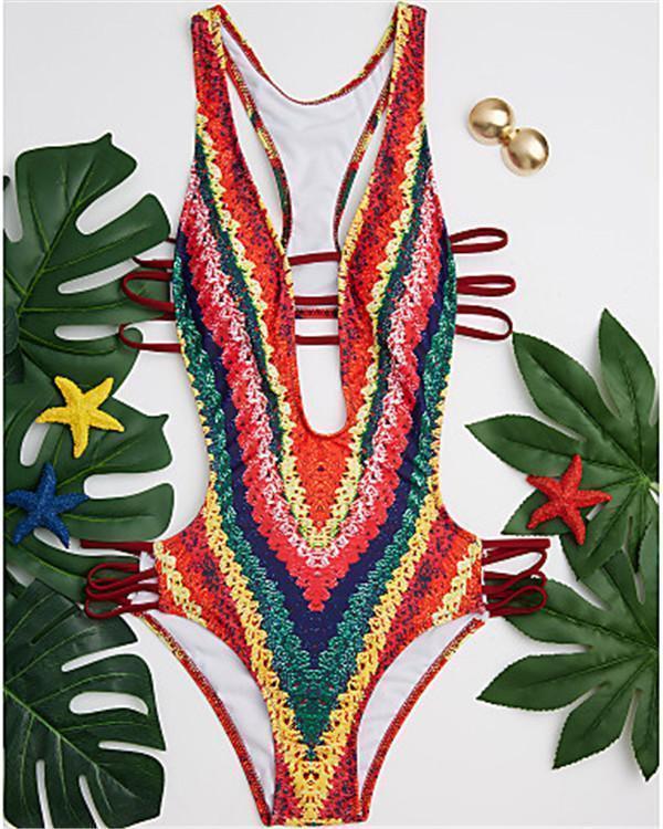 Women's Plunging Plunging Neck Rainbow Cheeky One-piece Swimwear
