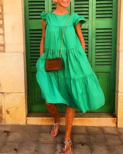 Ruched Short Sleeve Loose Green Midi Dress