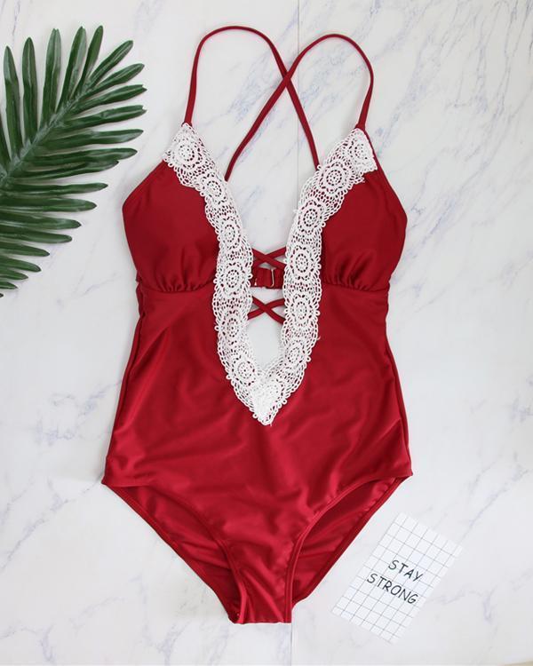 Sweet Lace Patchwork One Piece Swimsuit