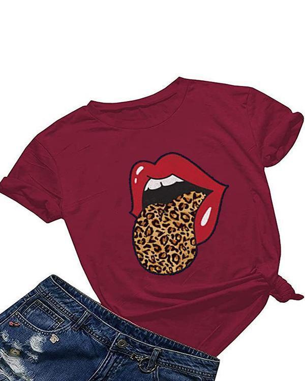Women Lip Printed Leopard T-shirt O Neck Tops