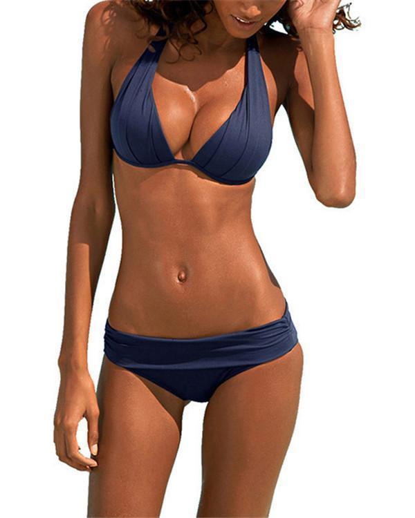 Women's Halter Neck Solid Color Fuchsia Briefs Bikini Swimwear