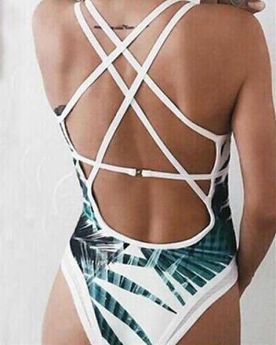 Women One-Piece Leaves Printed Backless Swimsuits