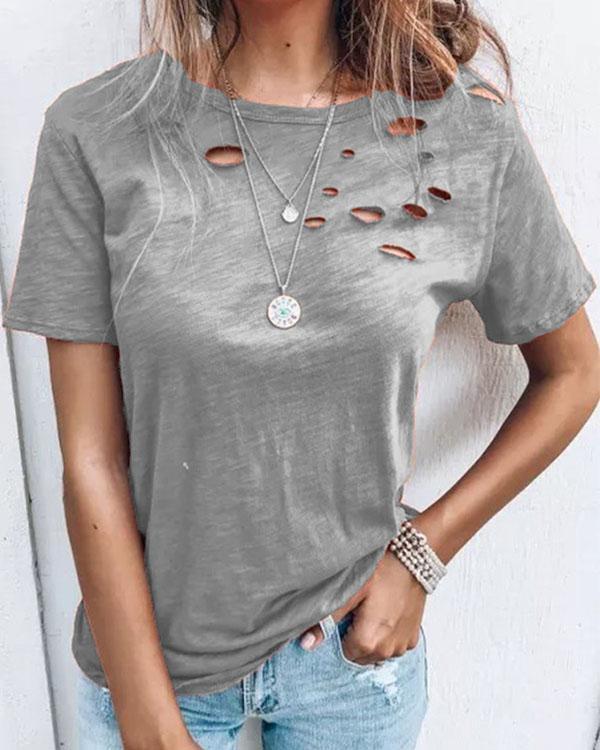 Fashion Pure Color Daily Short Sleeve Hole T-shirt