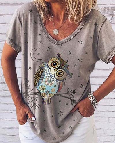 Women Cute Owl Star Moon Print T-Shirt