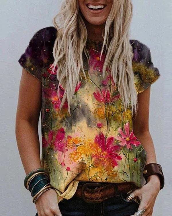 Floral Printed Crew Neck Short Sleeve Shift Shirts & Tops