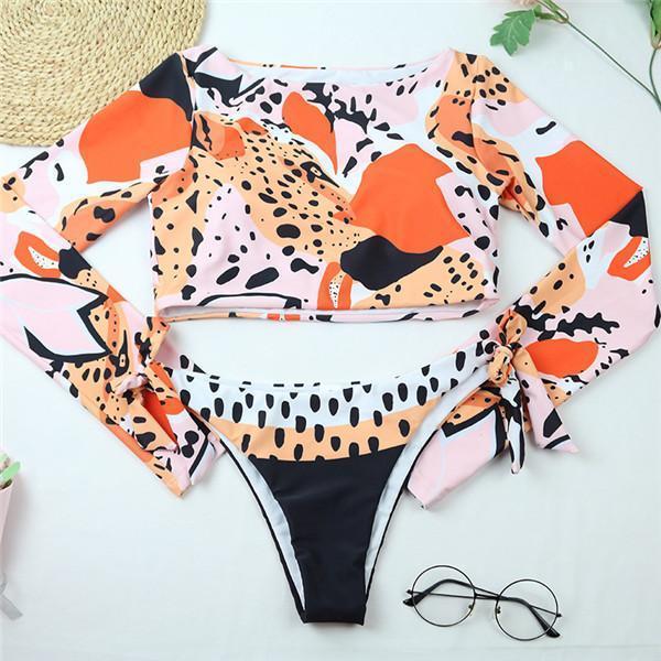 Leopard Printed Long Sleeve Bikini Swimsuit