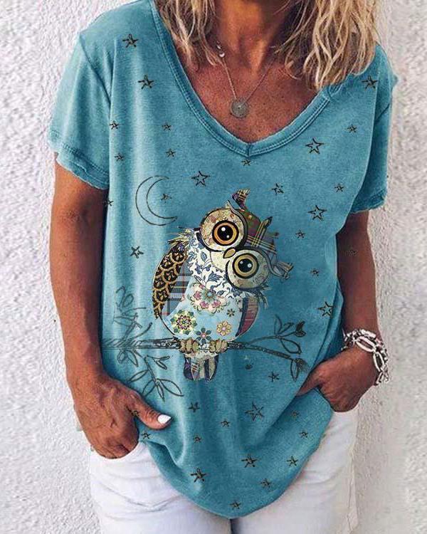 Women Cute Owl Star Moon Print T-Shirt