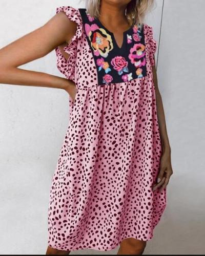 Cow Printed Splicing Floral Ruffled Casual Dress