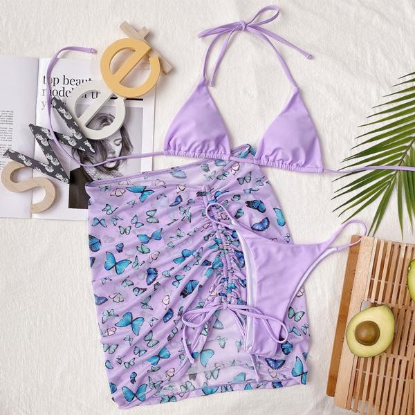 Butterfly Sarong Sliding Bikini Swimsuit 3 Piece set