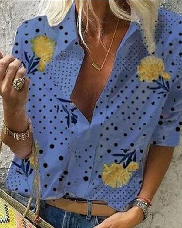 Floral Print Casual Collar 3/4 Sleeves Blouses